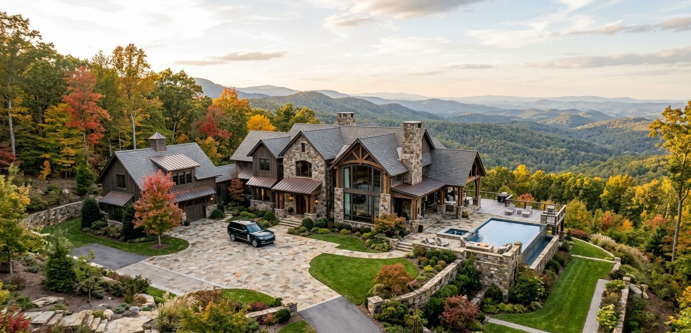 Western North Carolina luxury estate exterior with mountain and forest backdrop