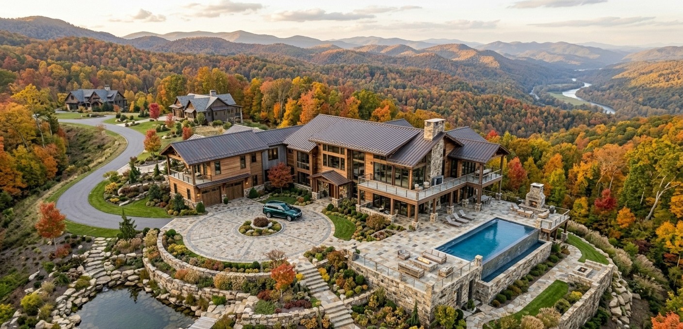 Luxury Western North Carolina mountain estate with stone and wood construction