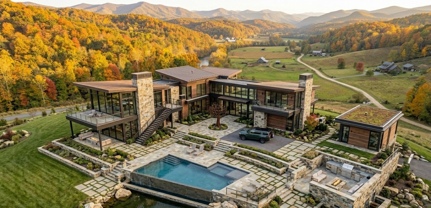 Aerial view of a luxury Western North Carolina estate with mountain backdrop